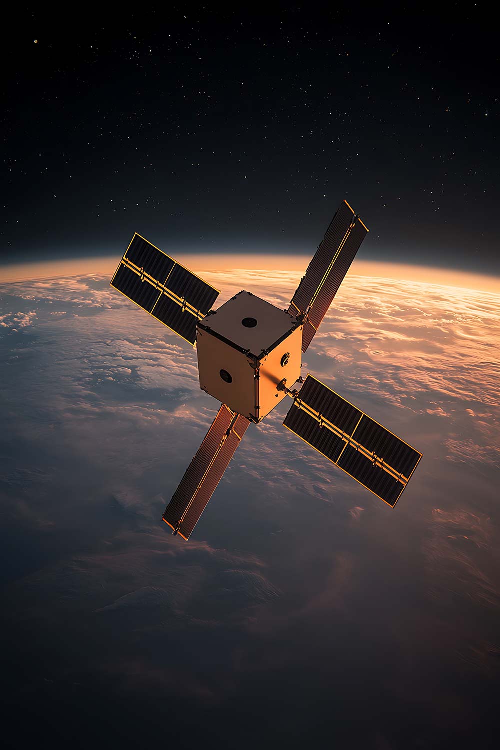 Depiction of cube satellite in space